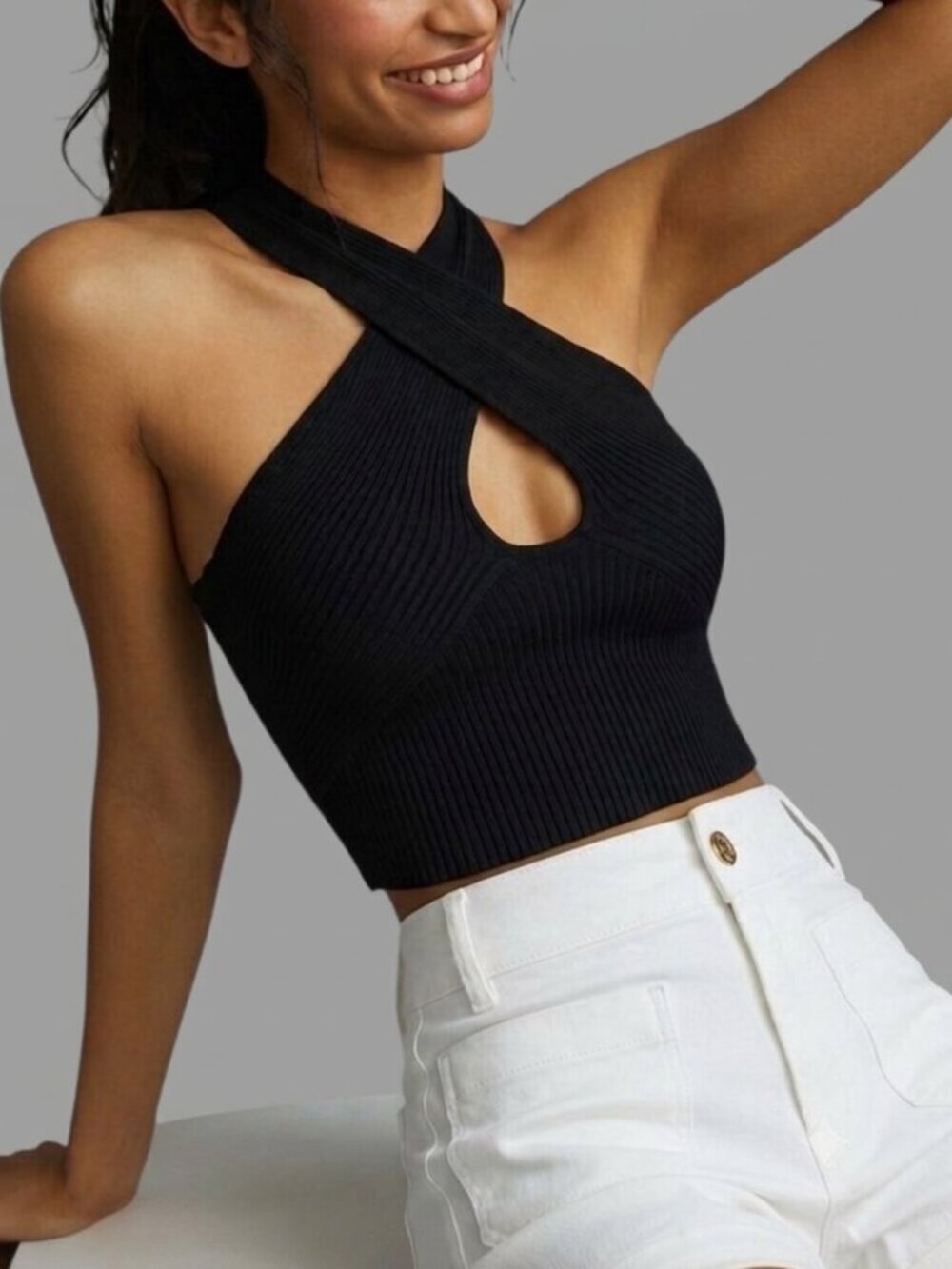 Anthropologie House of Harlow 1960 Ribbed Halter Top Black Size Medium